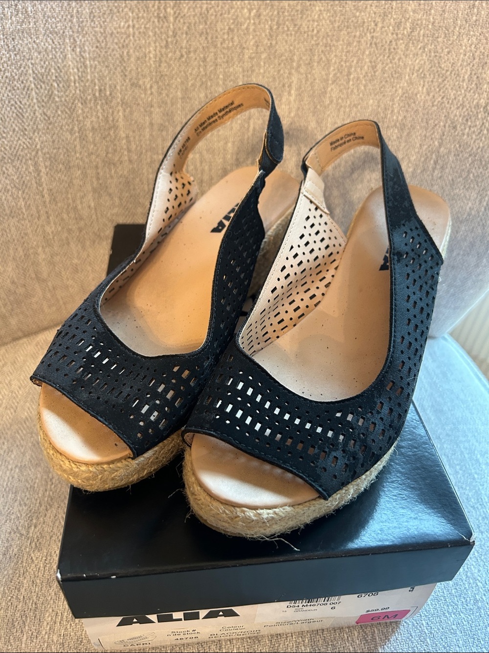 Alia Black Perforated Espadrille Wedge Slingbacks - Picture 2 of 4